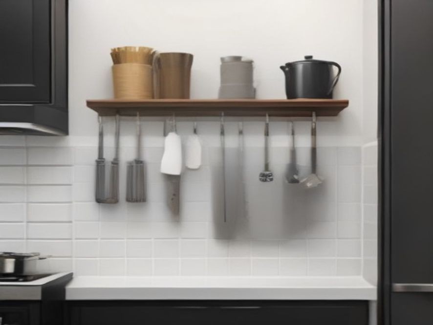 Wall mounted magnetic rack maximizing tiny kitchen vertical space.