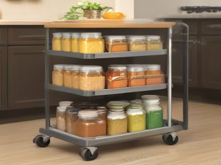 Rolling storage cart acting as a smart pantry alternative.