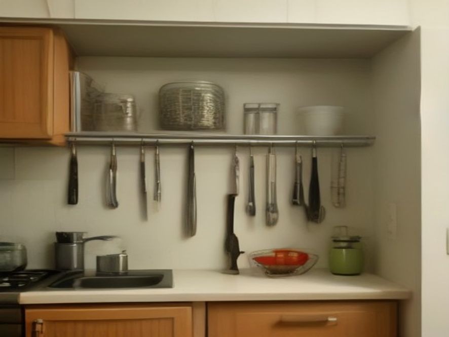 Non permanent storage hacks in an organized rental apartment kitchen.