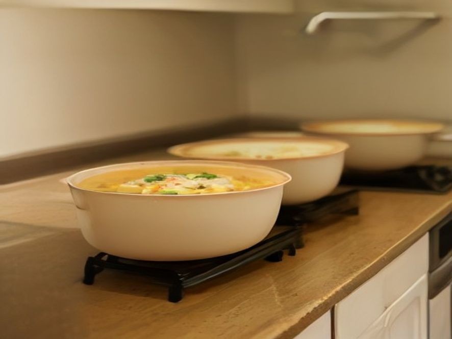 Convenient ceramic casseroles and warming tools for guest cooking.
