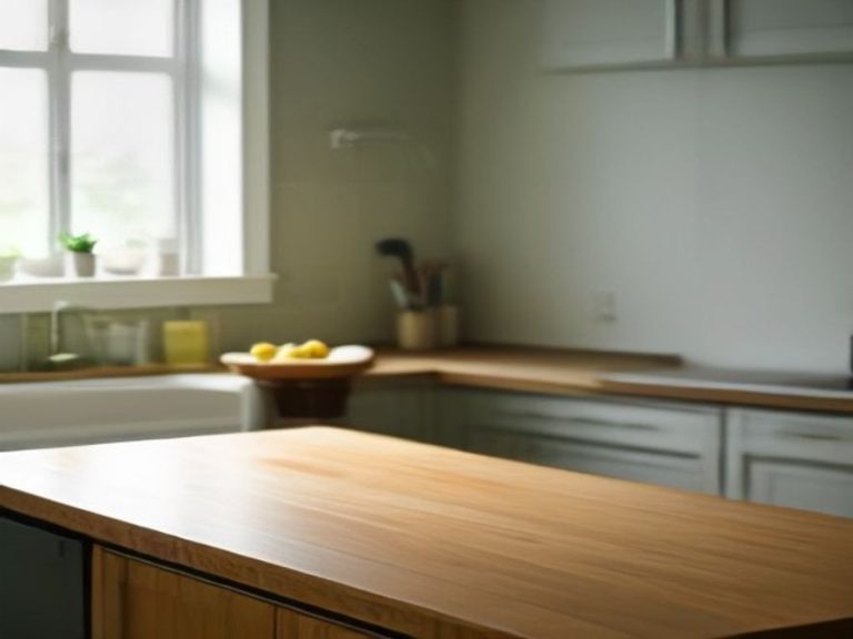 Natural wooden butcher block countertop in a bright clean kitchen