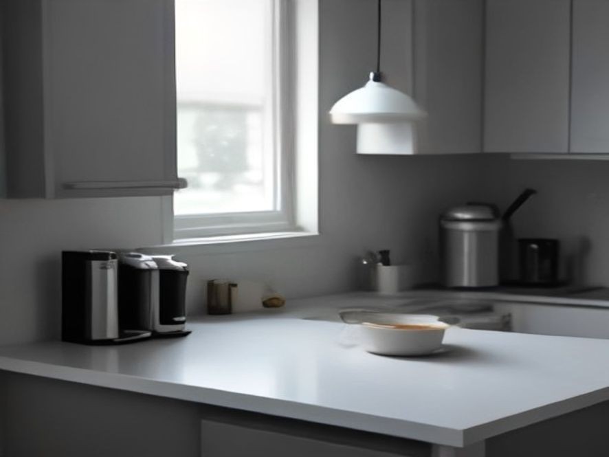 Light grey quartz countertop completely clean of coffee stains
