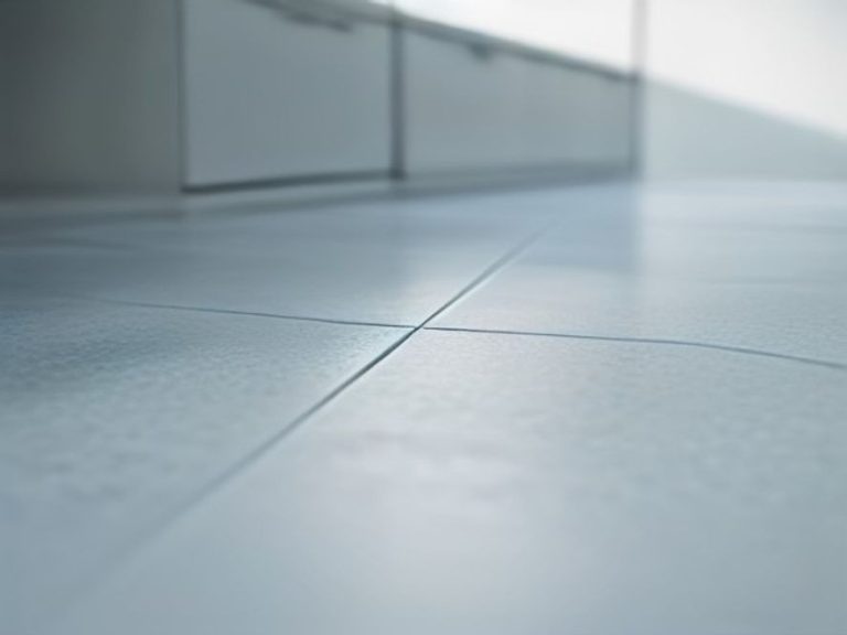 Bright clean tile grout lines on a kitchen floor free of grease