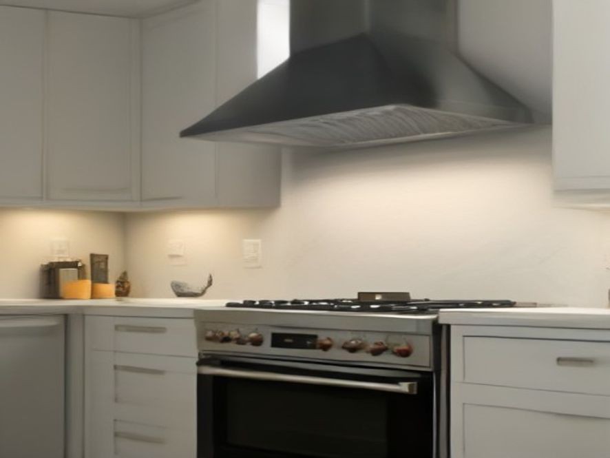 Clean range hood and tile backsplash above a spotless stove
