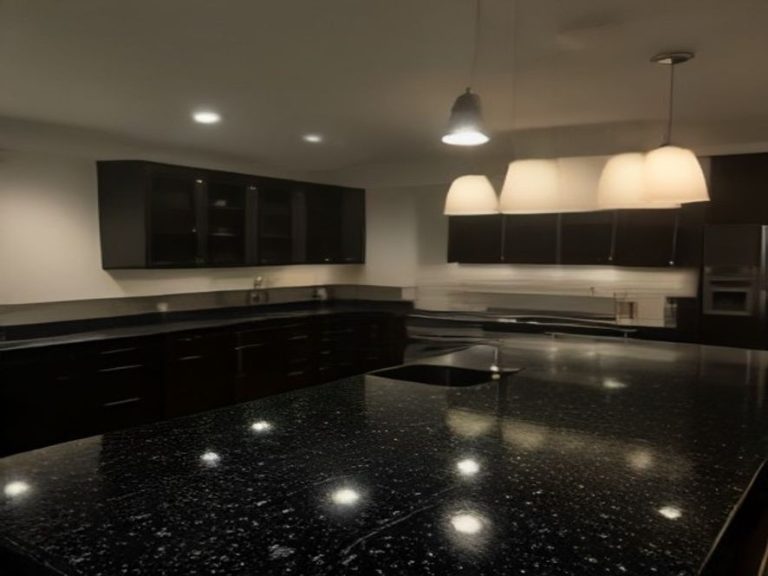 Polished dark granite countertop with a clear reflection and zero haze