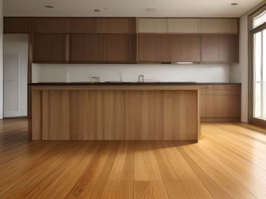 Freshly cleaned hardwood kitchen floor planks under warm sunlight