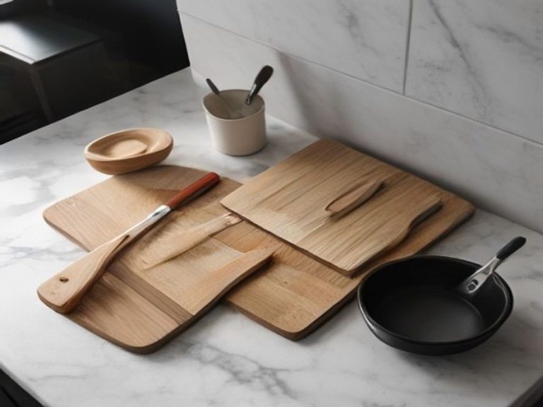 Core everyday cooking tools displayed neatly on a marble counter.