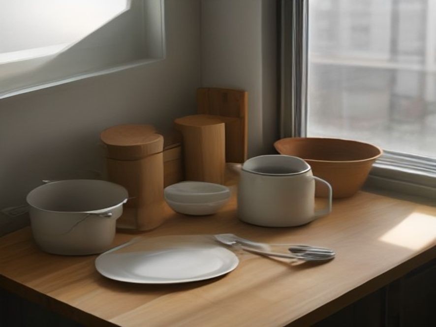 Essential kitchen supplies unpacked for a first apartment setup.