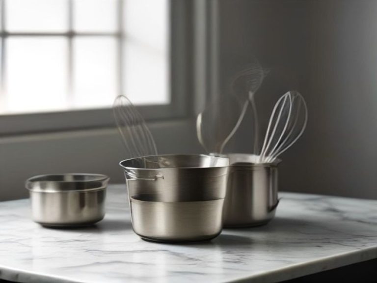 Varied whisk types and sturdy mixing bowls for kitchen prep.