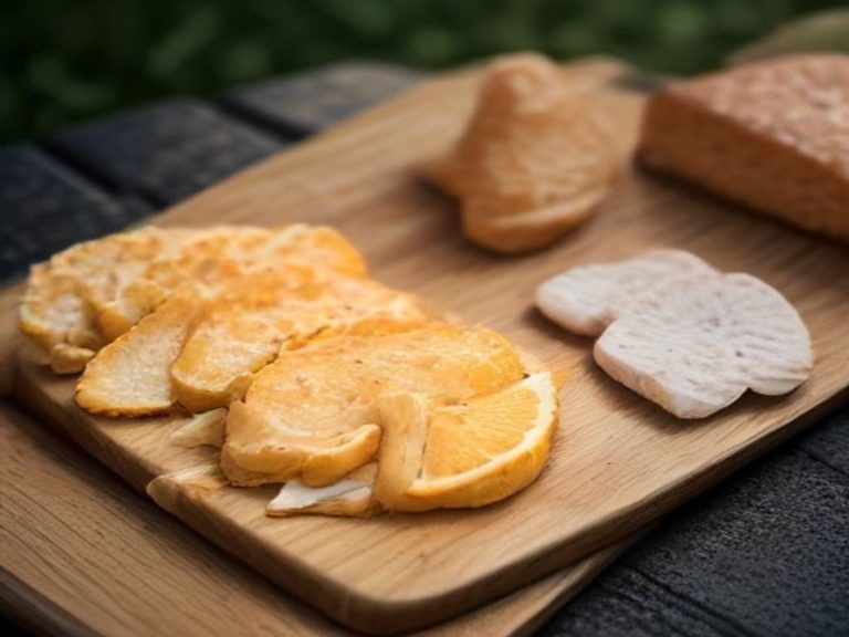 Dry air-fried chicken breast sliced on a wooden board