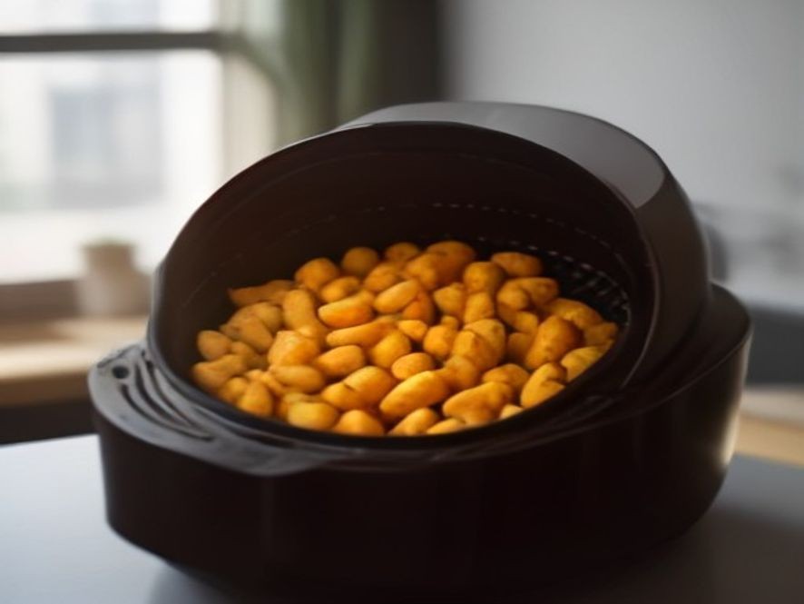 Roasted vegetables showing uneven golden shades inside an open air fryer drawer.