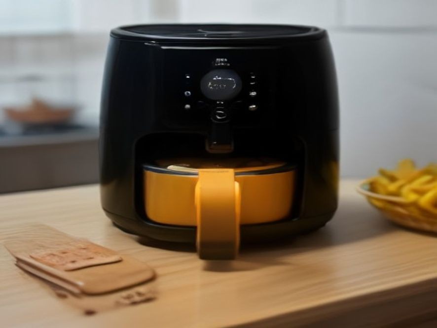 Digital screen of an air fryer glowing with digital status alerts.