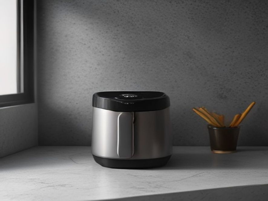 An air fryer resting on a dark granite surface during a cooking cycle pause.