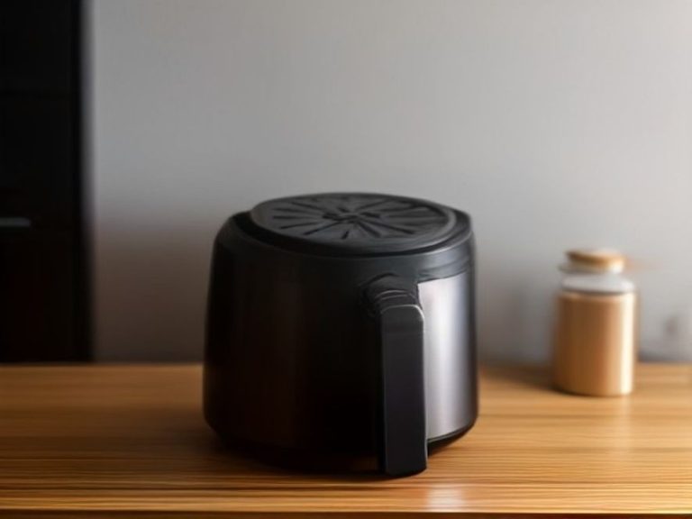 Top view of an air fryer cooling fan vent on a solid wood kitchen counter.