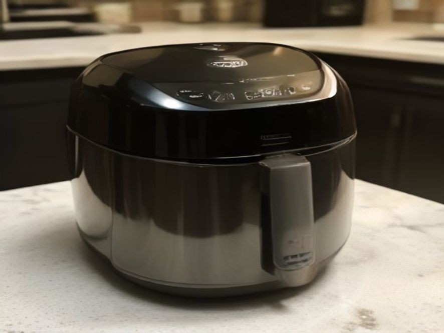 A newly unboxed air fryer resting on a kitchen island surface.