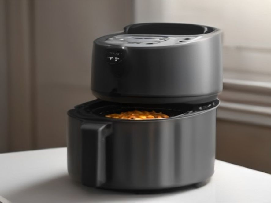 An open and empty air fryer drawer displaying clean interior metal walls.