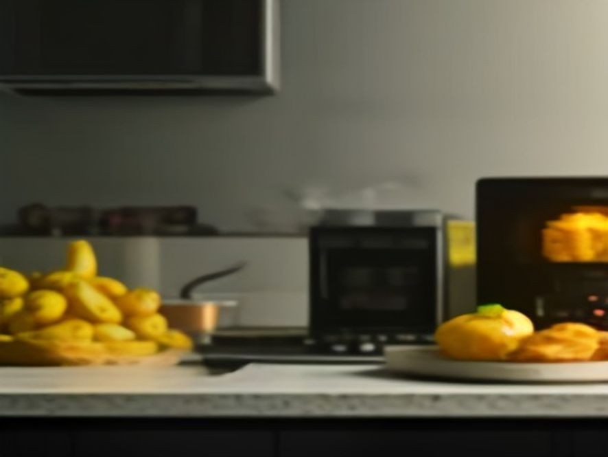 Uncooked potato wedges in an air fryer with illuminated digital timer displays.