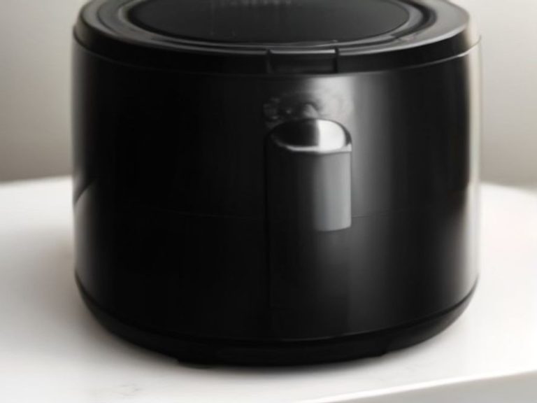 A modern air fryer resting quietly on a residential kitchen counter.