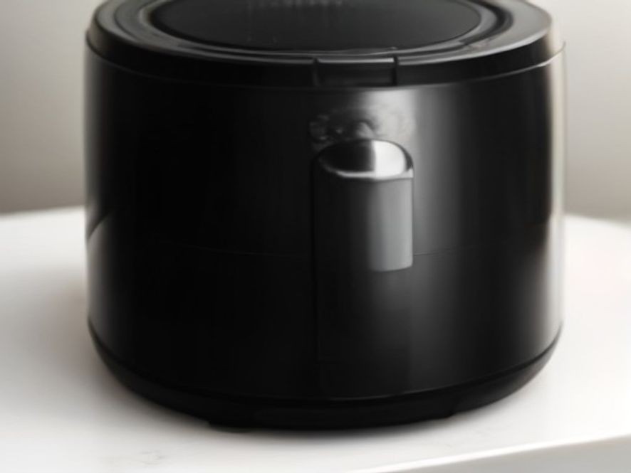 A modern air fryer resting quietly on a residential kitchen counter.
