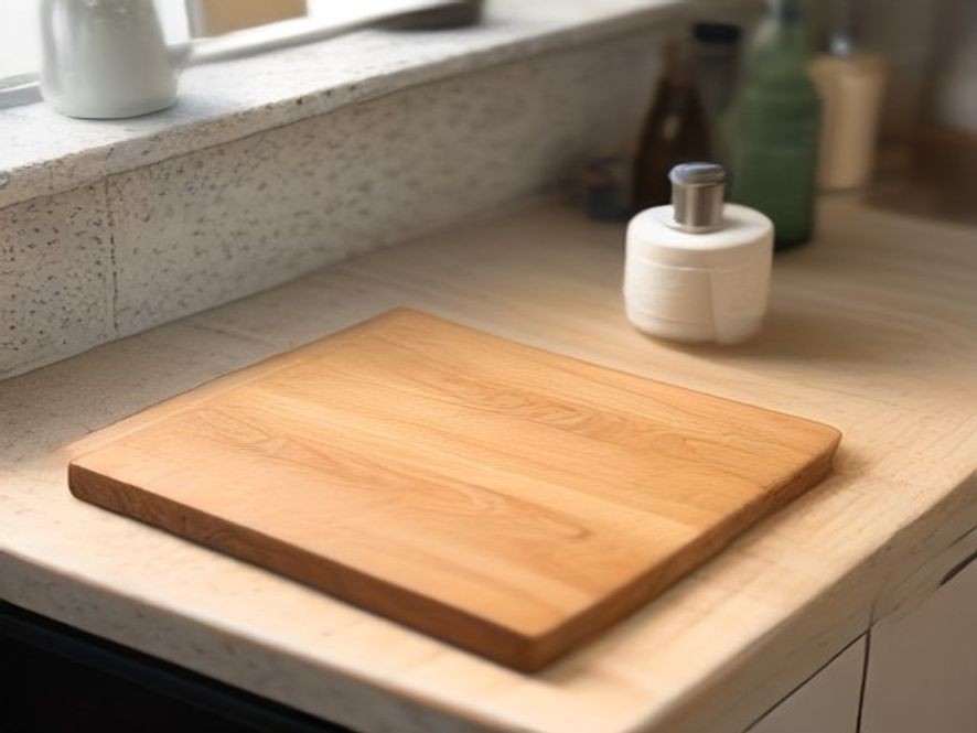 A wooden cutting board drying on a clean kitchen counter.