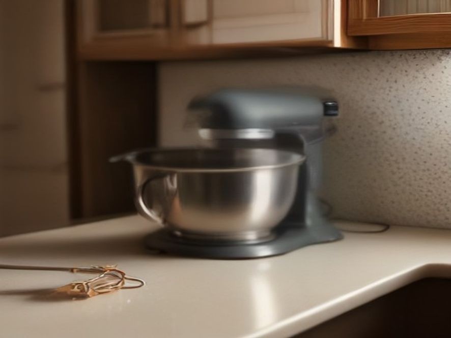 A kitchen stand mixer resting near a wall power socket on a clean counter.