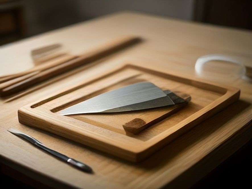 A chef knife aligned on a traditional sharpening whetstone.