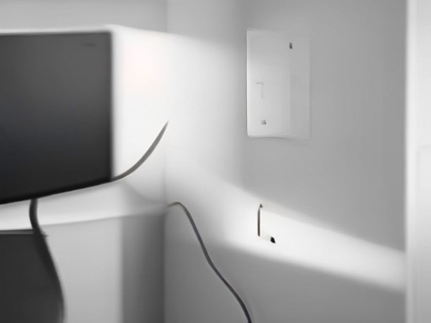 A close up of an electrical spark at a kitchen wall outlet.