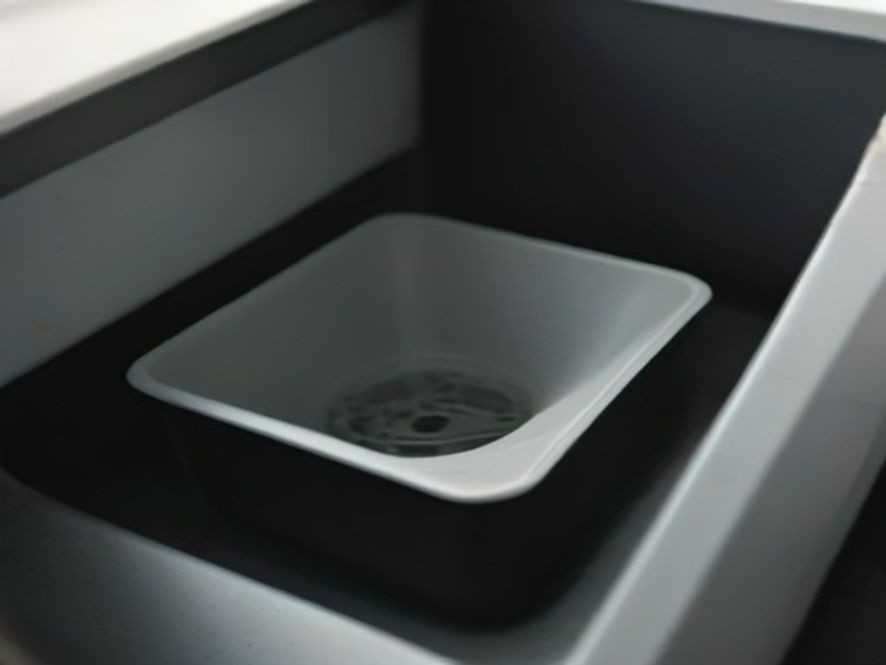 Garbage disposal unit mounted directly under a kitchen sink basin.