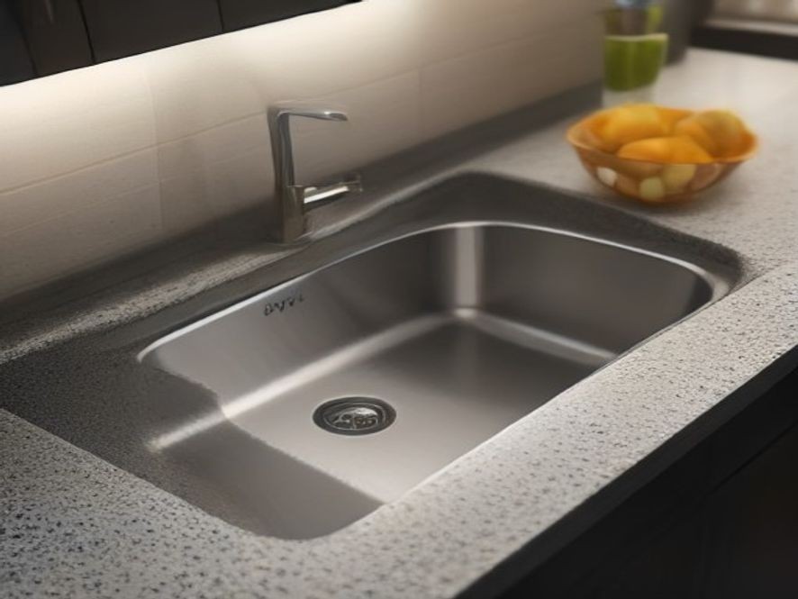 Kitchen sink illuminated under warm evening lights