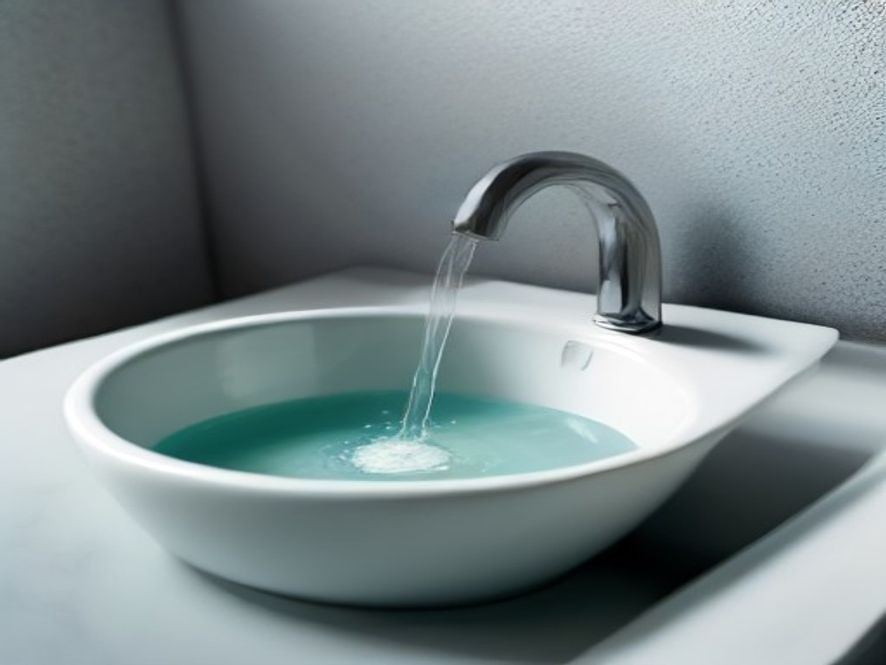 Single water droplet falling from a closed kitchen faucet