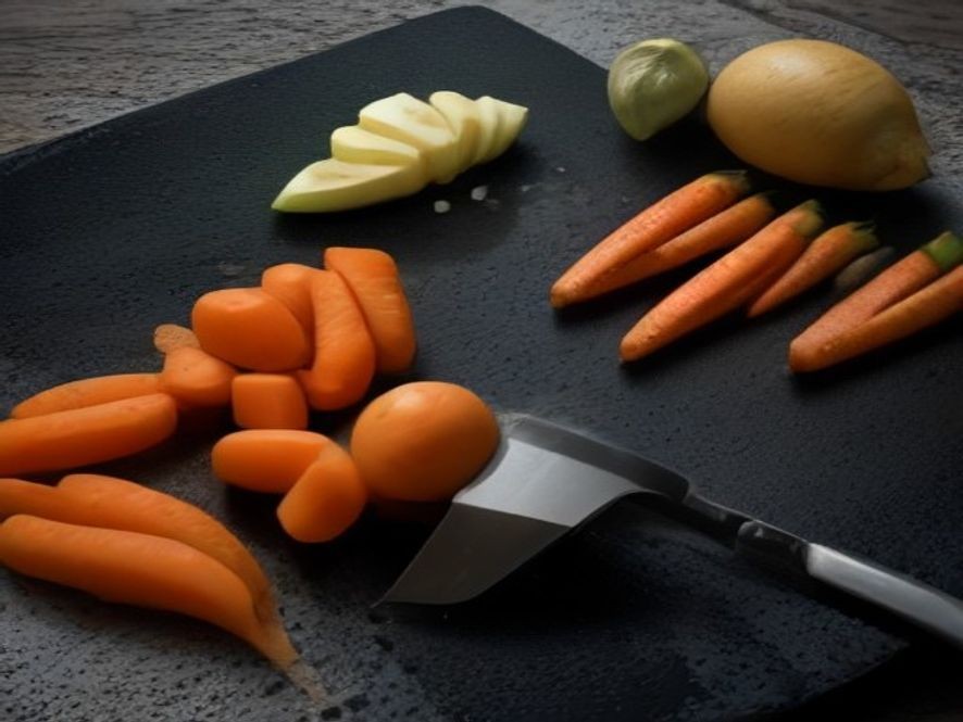 A sharp vegetable peeler placed alongside fresh root vegetables.
