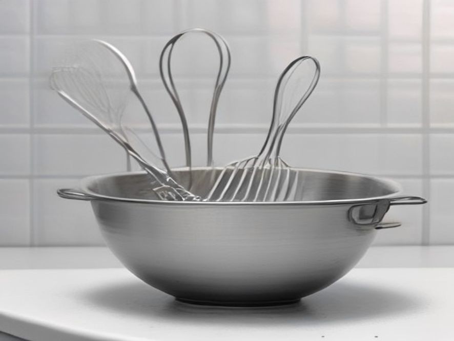 A clean metal whisk resting near soapy water in a bright kitchen.