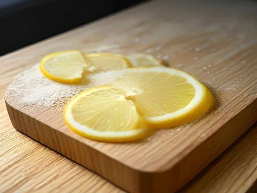 Lemon and sea salt placed on a wooden cutting board for cleaning.