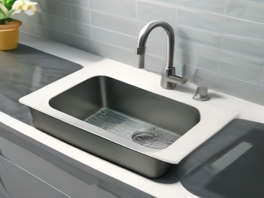 A stainless steel kitchen sink basin holding still water near the drain.