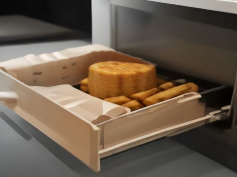 Side angle showing an air fryer drawer edge aligning with appliance track rails.