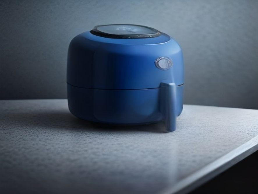 A sleek air fryer sitting on a dark kitchen countertop.