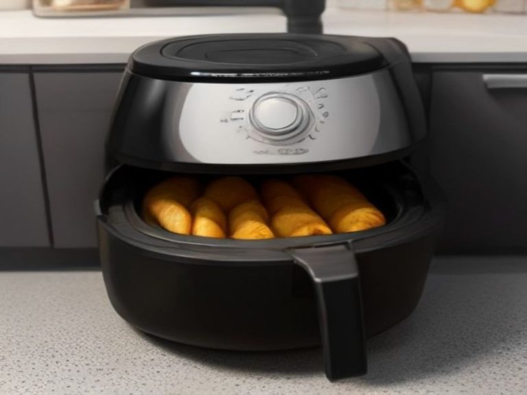 An air fryer drawer sitting slightly open on a white quartz kitchen island.