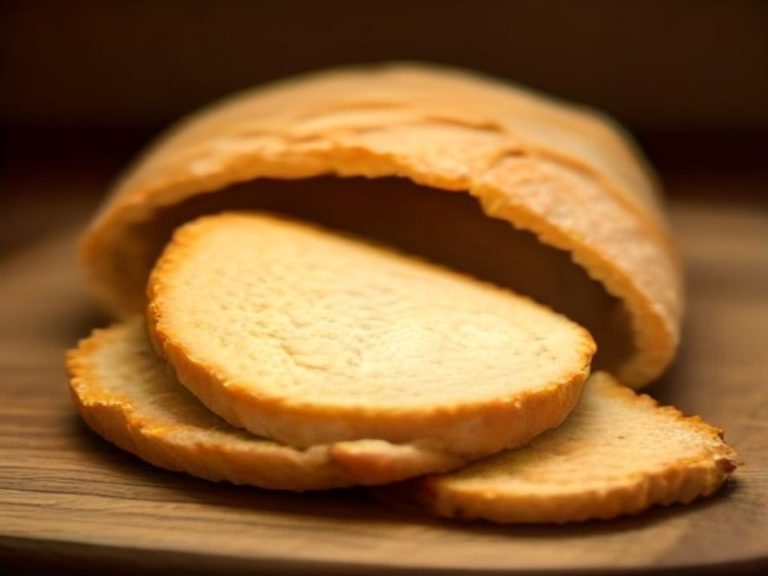 A sliced chicken breast showcasing cooked exterior crust textures beside an air fryer.
