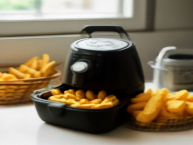 A oil mister bottle standing next to seasoned potatoes in an air fryer tray.