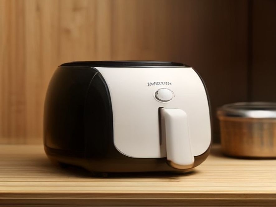 An active air fryer operating on a heavy wood prep board.