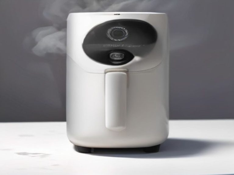 An air fryer resting on a quartz counter while small smoke clouds exit the rear vent.