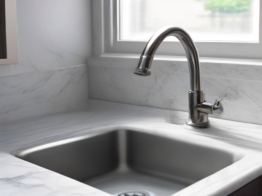Dual handle kitchen faucet over a clean basin