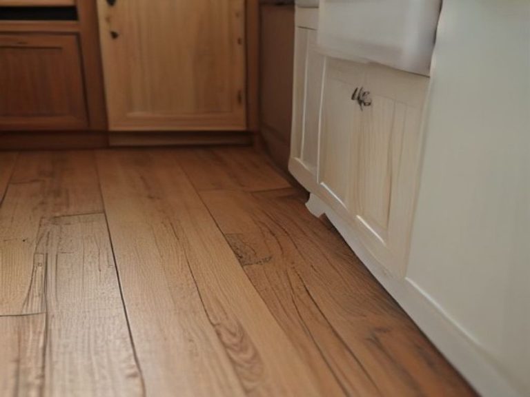Slight moisture staining on the interior floor panel of a kitchen cabinet.