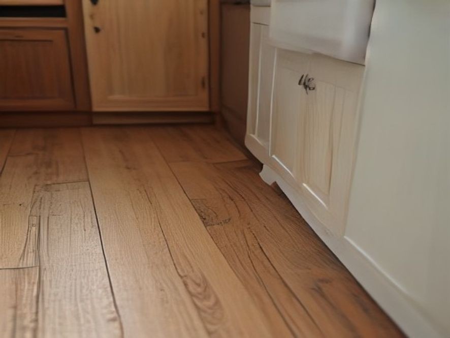 Slight moisture staining on the interior floor panel of a kitchen cabinet.