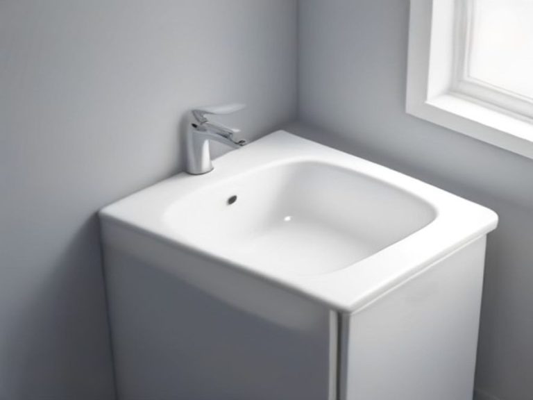 Curved lower bend of a white plastic kitchen sink P trap pipe.