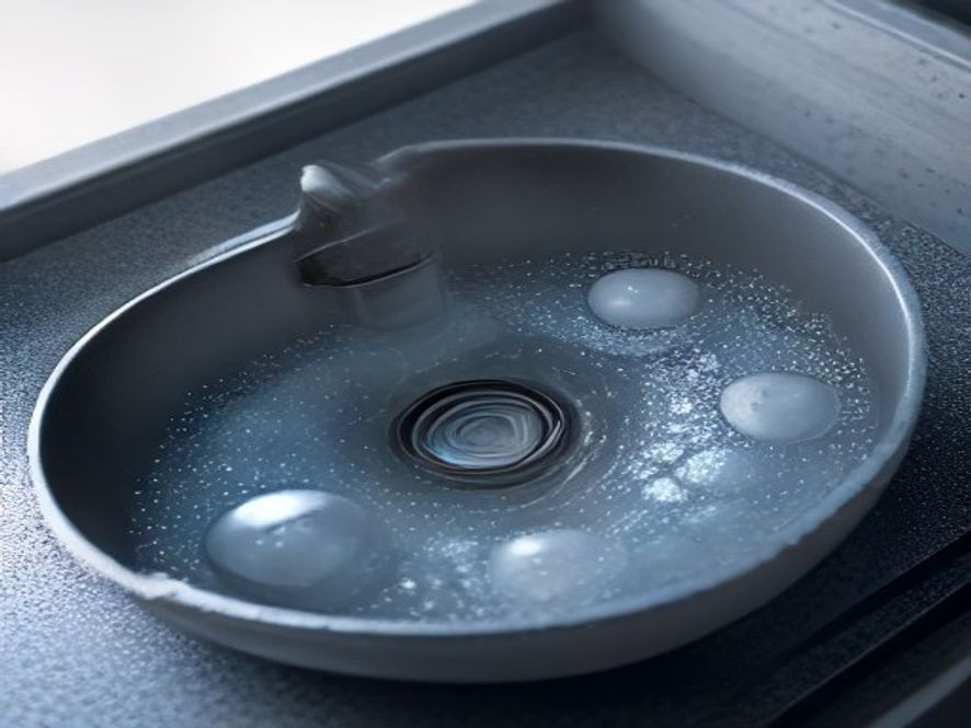 Condensation droplets forming on cold kitchen sink water supply pipes.