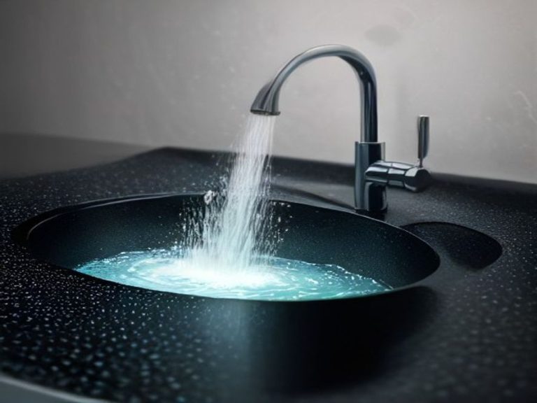 Water pooling around the chrome base of a kitchen sink faucet.