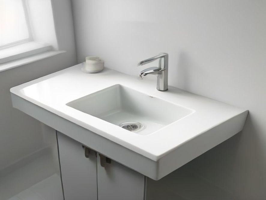 Residual standing water pooling in a white ceramic kitchen sink bowl.