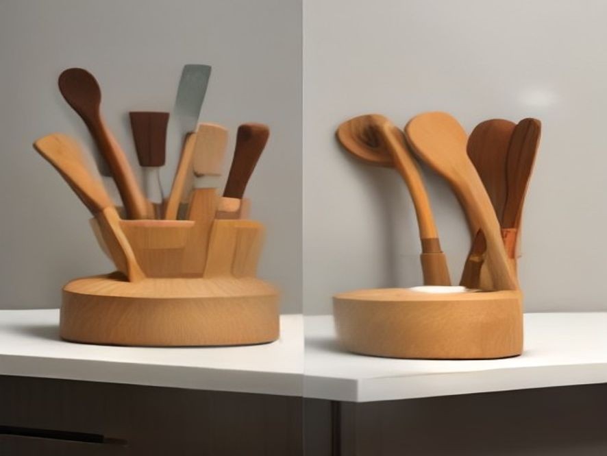 Side-by-side display of wooden kitchen spoons versus silicone spatulas.