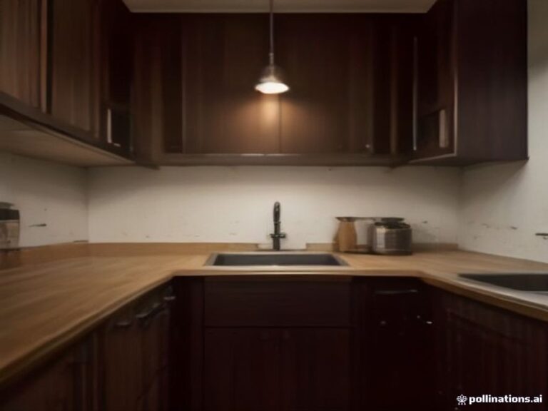 A close up view inside a wooden kitchen cabinet under the sink showing water pipes and moisture.